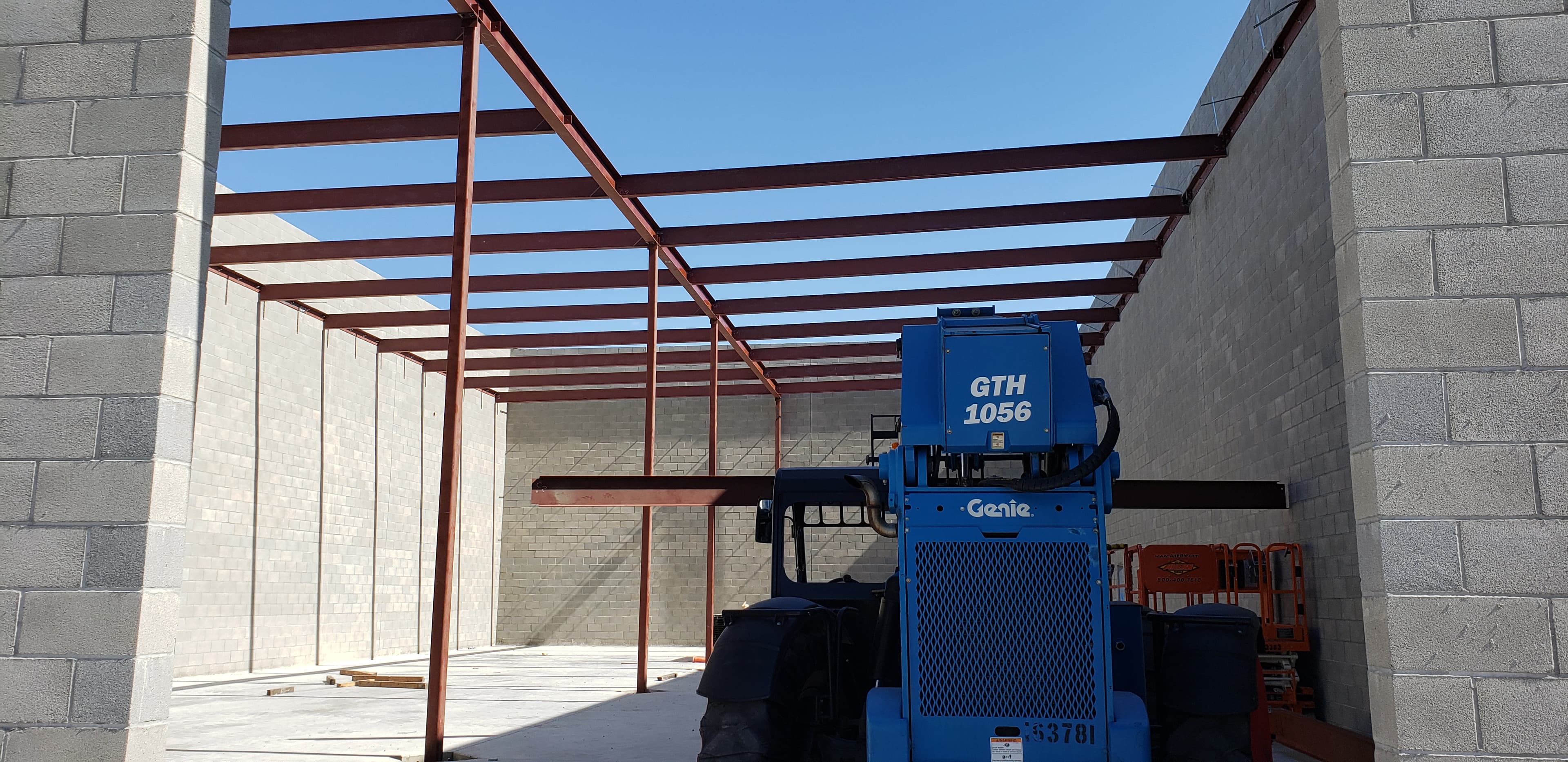 PACIFIC CONSTRUCTION NEW OFFICES — Structural roof framing — beams and purlins over masonry bearing walls for new offices.